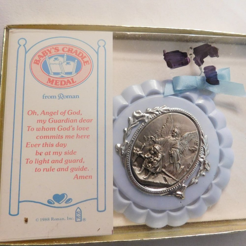 Vintage Baby's Cradle Medal Medallion Guardian Angel by Roman, Inc. 1988